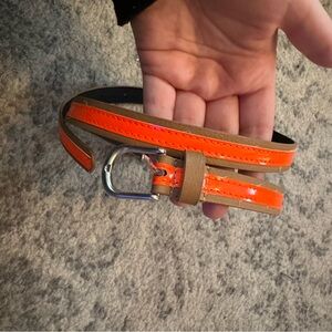 Slim Neon Orange Patent Belt with Tan Trim